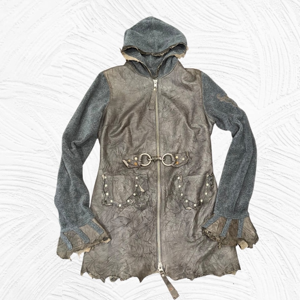 Sherry Nikka Raw Edge Hooded Leather Fleece Jacket Med Goth Rocker Medievel rare